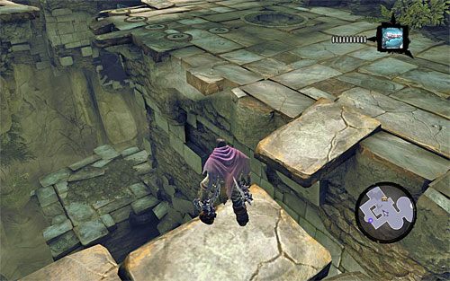 Eksplorację nowej okolicy rozpocznij od zeskoczenia na pokazane na powyższym screenie niższe platformy - Zbudź konstrukta (2) | Wiara góry przenosi | Darksiders 2 - Darksiders 2 - poradnik do gry
