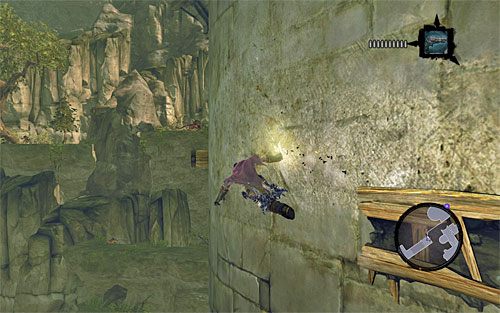 Przeskakuj na kolejne drewniane słupy, po czym wyląduj na niewielkiej skalnej półce - Zbudź konstrukta (2) | Wiara góry przenosi | Darksiders 2 - Darksiders 2 - poradnik do gry