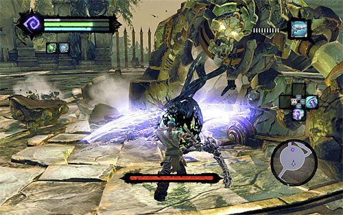 Tuż po eksplozji błyskawicznie podbiegnij do konstrukta giganta i przystąp do atakowania jego odsłoniętego serca, wykorzystując oczywiście najlepsze posiadane ciosy - Boss 5 - Konstrukt gigant | Wiara góry przenosi | Darksiders 2 - Darksiders 2 - poradnik do gry