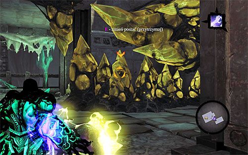 Przełącz się na pierwszą półówkę i użyj cieniobucha do zniszczenia pokazanych na powyższym screenie żółtych tworów - Oko zwiadowcy - eksploracja Oka Zwiadowcy | DODATKOWE LOKACJE | Darksiders 2 - Darksiders 2 - poradnik do gry