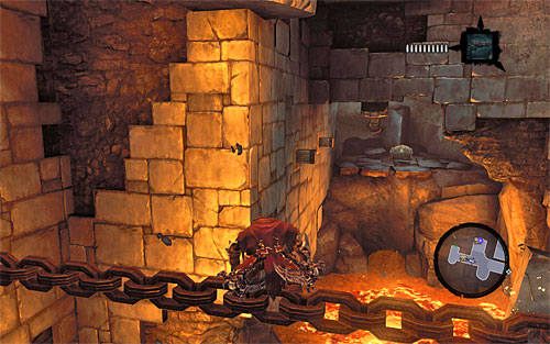 Ruszaj prosto, przy czym zatrzymaj się mniej więcej po przebyciu 2/3 drogi na łańcuchu - Zbudź Wartownika (1) | Serce Góry | Darksiders 2 - Darksiders 2 - poradnik do gry
