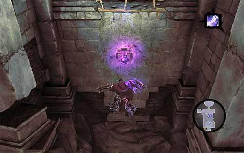 Puść się i w locie użyj pozyskanego przed chwilą Uchwytu Śmierci, próbując złapać się pokazanego na powyższym screenie interaktywnego zaczepu (środkowy przycisk myszy) - Zbudź Wartownika (2) | Serce Góry | Darksiders 2 - Darksiders 2 - poradnik do gry