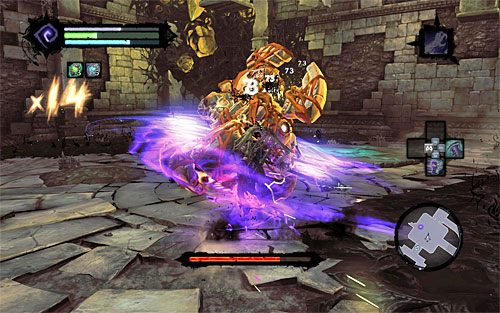 Jeżeli zachowałeś sobie umiejętność Postać Żniwiarza, to zdecydowanie polecam ją teraz odpalić, aczkolwiek nie licz na to, że pozbawisz w ten sposób bossa całego paska zdrowia - Boss 6 - Spaczony dozorca | Serce Góry | Darksiders 2 - Darksiders 2 - poradnik do gry