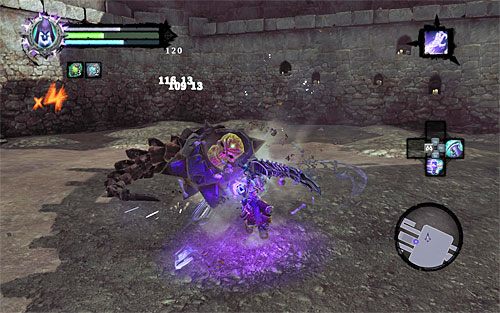 Udany atak z użyciem Uchwytu Śmierci doprowadzi do powalenia bossa, tak więc szybko do niego podbiegnij i zacznij wyprowadzać silne ataki - Boss 8 - Chrzęściej | Królewska zapłata | Darksiders 2 - Darksiders 2 - poradnik do gry