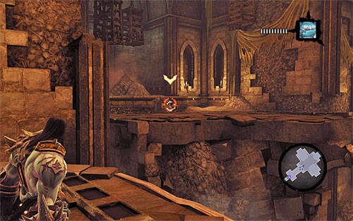 Ustaw się na wprost od zaczepów (jednego podniesionego i jednego opuszczonego), wybierz z inwentarza pistolet i wyceluj w cieniobucha przyczepionego do lewego przełącznika (powyższy screen) - Wskrześ Faryzjonera (1) | Faryzjoner | Darksiders 2 - Darksiders 2 - poradnik do gry