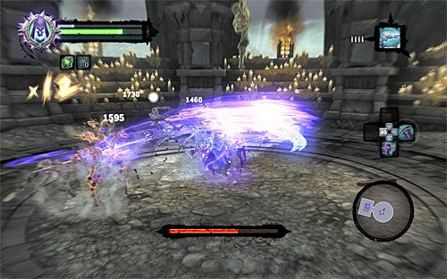 Dalsza część bitwy jest już bardzo przewidywalna, tak więc na przemian odpędzaj się od najbliżej rozstawionych szkieletów i ostrzeliwuj Strażnika Kości, który na szczęście będzie tracił punkty zdrowia w szybkim tempie - Boss 11 - Strażnik Kości | Sędzia | Darksiders 2 - Darksiders 2 - poradnik do gry