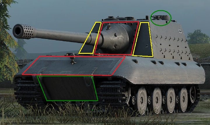 Jarzmo działa oraz górna płyta kadłuba nie są miejscami na które warto marnować swoje pociski, szansa penetracji lub jakichkolwiek uszkodzeń jest nikła - Jagdpanzer E-100 | Niemieckie niszczyciele czołgów w World of Tanks - World of Tanks - poradnik do gry