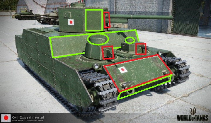 Frontowa pochylona płyta pancerza oraz jarzmo działa głównego i tych w dwóch pomniejszych wieżyczkach - nie posyłamy tam pestek na daremno (chyba, że mamy powyżej 150mm penetracji) - O-I Experimental | Czołgi japońskie w World of Tanks - World of Tanks - poradnik do gry