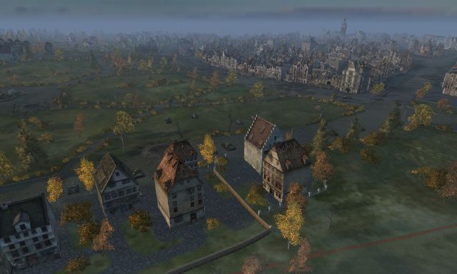 Mapa miejska, z koncentrycznie umieszczonymi ulicami i gęstą zabudową na zachodzie oraz parkiem z gęstymi krzewami na wschodzie - Ruinberg | Mapy World of Tanks - World of Tanks - poradnik do gry