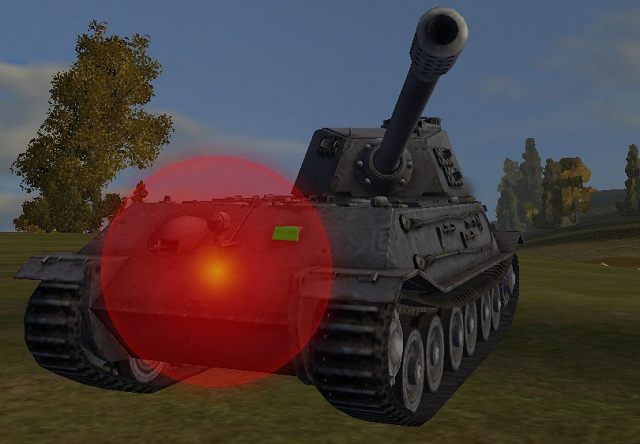 Pomimo, że pocisk OB trafił w najtwardszy pancerz przeciwnika, fala uderzeniowa dostała się do środka pojazdu przez wizjer kierowcy (zaznaczony na zielono) - Obrażenia w World of Tanks | Mechanika gry - World of Tanks - poradnik do gry