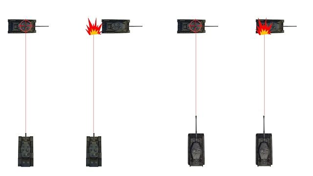 Strzelanie z wyprzedzeniem: haubica 152mm (po lewej) musi celować przed pojazdem wroga, jeśli zamierza go trafić. - Celowanie w World of Tanks | Mechanika gry - World of Tanks - poradnik do gry