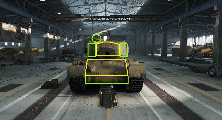 Górna, przednia płyta kadłuba czasem przy odrobinie szczęścia potrafi coś dingnąć, głównie pestki do 120-130mm przebijalności - M26 Pershing | Czołgi amerykańskie w World of Tanks - World of Tanks - poradnik do gry