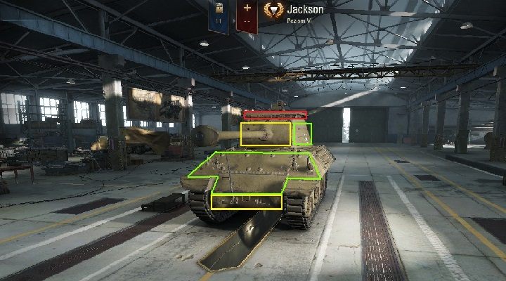 Oznaczyłem tylko delikatnie widoczny właz na szczycie wieży, nie warto tam strzelać, gdyż w większości przypadków będą to strzały za 0 = nie zadające obrażeń - M36 Jackson | Amerykańskie niszczyciele czołgów w World of Tanks - World of Tanks - poradnik do gry