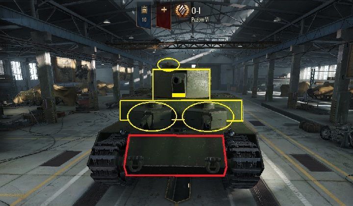 Dolna i górna część najbardziej wysuniętej płyty pancerza frontowego - przebijana działami dopiero od około 200mm penetracji - O-I | Czołgi japońskie w World of Tanks - World of Tanks - poradnik do gry