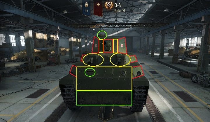 Najbardziej pochylone elementy pancerza oznaczone na screenshocie oraz jarzmo działa głównego - przebicie dopiero od minimum 200-220mm penetracji - O-Ni | Czołgi japońskie w World of Tanks - World of Tanks - poradnik do gry