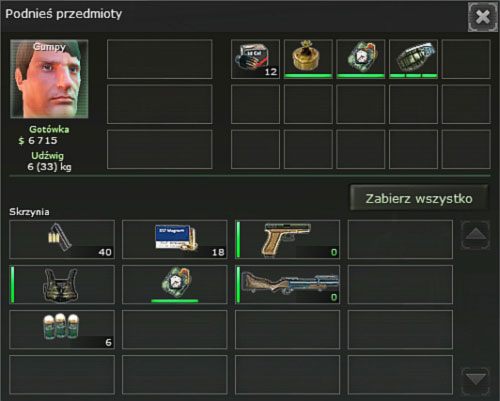 Kolor brązowy: kolor użyty do oznaczenia broni, którą należy użyć lub można znaleźć na mapie, np - Użyte oznaczenia oraz interfejs użytkownika - Kampania - wprowadzenie - Jagged Alliance: Crossfire - poradnik do gry