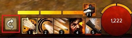 Używając zaznaczonego przycisku bądź naciskając klawisz ~ na klawiaturze możemy szybko zmienić trzymaną broń. - Walka w Guild Wars 2 | Podstawy rozgrywki - Guild Wars 2 - poradnik
