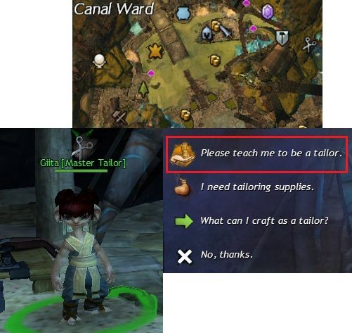 Typowa lokacja skupiająca wszystkich nauczycieli, sam trener oraz okno dialogowe podczas wyboru profesji. - Produkcja, doświadczenie | Crafting, czyli tworzenie przedmiotów w Guild Wars 2 - Guild Wars 2 - poradnik