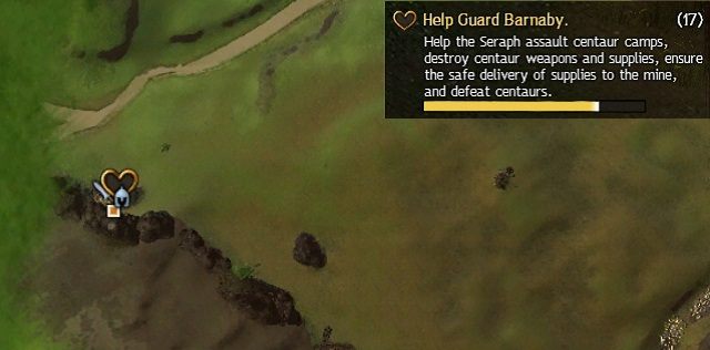 Widok serca na mapie wraz z przykładowym opisem oczekujących nas zadań. - Eksploracja świata w Guild Wars 2 | Podstawy rozgrywki - Guild Wars 2 - poradnik