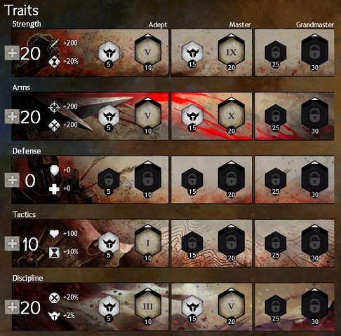 Powyższe ustawienie cech wojownika wspomaga walkę wielkim mieczem. - Skalowanie poziomu postaci; Cechy | Bohater i jego rozwój w Guild Wars 2 - Guild Wars 2 - poradnik