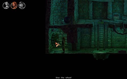 Przełącz się na Natea i przejdź w lewo, po czym użyj mechanizmu (Use the wheel) - We wnętrzu świątyni - Rozdział 3 - The Sunken Temple - The Book of Unwritten Tales - poradnik do gry