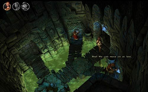 Przełącz się na Wilbura, wejdź nim do komnaty i dotknij kryształu po lewej, po czym przełącz się na Natea i dotknij nim kryształu po prawej stronie zamkniętego przejścia - We wnętrzu świątyni - Rozdział 3 - The Sunken Temple - The Book of Unwritten Tales - poradnik do gry