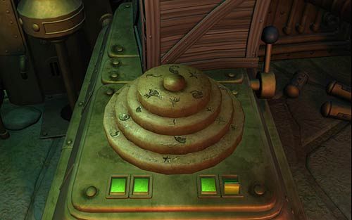 Ustaw kamienne tablice w taki sposób jak na obrazku powyżej i wciśnij pręt pośrodku tablic - Zdobycie artefaktu (1) - Sterownia świątyni - Rozdział 3 - The Sunken Temple - The Book of Unwritten Tales - poradnik do gry