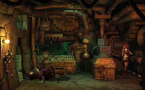 Wyjdź ze sterowni i rzuć zebranymi wcześniej kamykami w Munkusa (Lure the sorcerer over to you) - Zdobycie artefaktu (1) - Sterownia świątyni - Rozdział 3 - The Sunken Temple - The Book of Unwritten Tales - poradnik do gry