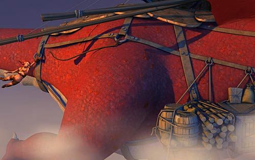 Popatrz na obluzowaną linę i za jej pomocą przeskocz na platformę umocowaną po drugiej stronie nogi lecącego smoka (Use the rope to swing to the other side of the leg) - Uwolnienie profesora MacGuffina - Rozdział 1 - Prolog - The Book of Unwritten Tales - poradnik do gry