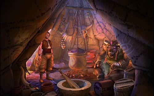 Porozmawiaj z szamanem i weź pióro z wiszącego na ścianie pióropusza (Take the feather head dress) i miedzianą miskę (Take the copper bowl) - Opowieści z krypty - Rozdział 4 - The Wild Lands - The Book of Unwritten Tales - poradnik do gry