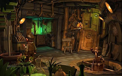 Rozejrzyj się po pomieszczeniu i podejdź do panelu pod ścianą, z którego wystają cztery wajchy - Ekwipunek na wyprawę - Rozdział 1 - Prolog - The Book of Unwritten Tales - poradnik do gry