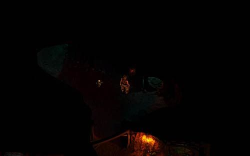 Dalszą drogę blokuje stworek, a w ścianie po prawej pali się pochodnia - Nate zostaje wojownikiem - Hełm - Rozdział 4 - The Wild Lands - The Book of Unwritten Tales - poradnik do gry