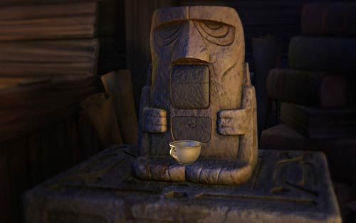 Użyj pieczęci na kamiennym postumencie (Use the stone disc with the recess in the socket), a ze środka wysunie się starożytne urządzenie - Dom profesora MacGuffina - Rozdział 1 - Prolog - The Book of Unwritten Tales - poradnik do gry