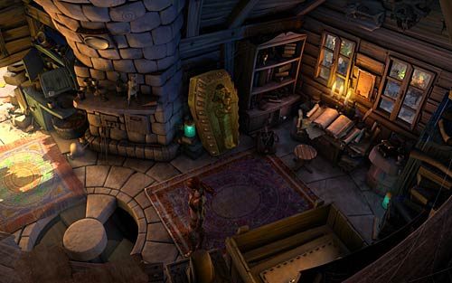 Podejdź do starożytnej maszyny, wsyp zmielone ziarna (Aromatic powder) do konewki (Pour the aromatic powder into the watering cup), a jej zawartość przelej do kubka stojącego pod maszyną (Pour the fuel into the bowl) - Dom profesora MacGuffina - Rozdział 1 - Prolog - The Book of Unwritten Tales - poradnik do gry