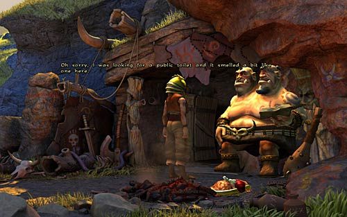 Po rozmowie wstępnej dotyczącej toalet, przypatrz się misce z jedzeniem - Nate zostaje wojownikiem - Tarcza - Rozdział 4 - The Wild Lands - The Book of Unwritten Tales - poradnik do gry