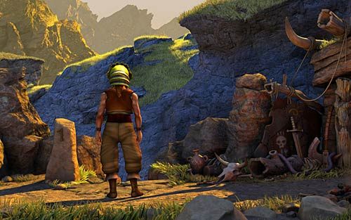 Cofnij się kilka kroków, w okolice kamienia z numerem 1 i spójrz w dziurę (Look at the gap) - Nate zostaje wojownikiem - Tarcza - Rozdział 4 - The Wild Lands - The Book of Unwritten Tales - poradnik do gry