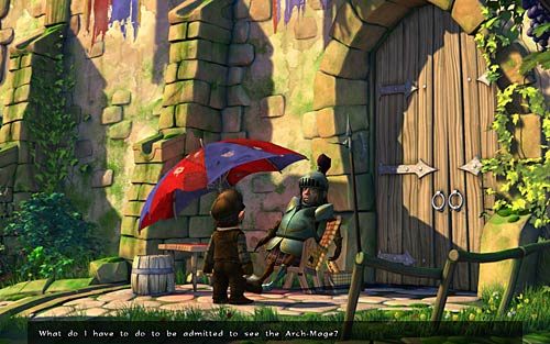 Rozglądając się dokładnie wokół i przyglądając różnym przedmiotom przejdź przez dolne miasto i udaj się w kierunku bramy do górnego miasta (Go to the gate to the upper town) - Jak przerwać grę RPG? - Rozdział 2 - In the Town - The Book of Unwritten Tales - poradnik do gry