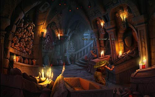 Idź to tylnej części krypty i w kałuży łez zanurz czerwony proszek uzyskany z rozkruszenia ziemi w moździerzu (Mix the powder with the liquid) - Wywoływanie piorunów - Rozdział 4 - The Wild Lands - The Book of Unwritten Tales - poradnik do gry