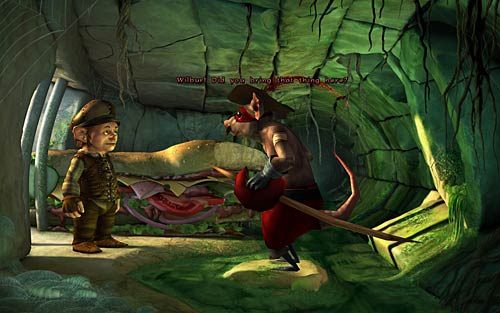 Wejdź do kanałów i powiedz szczurowi, że masz kanapkę (Ive got a giant sandwitch for you - Wilbur zostaje magiem (1) - Głodne szczury - Rozdział 2 - In the Town - The Book of Unwritten Tales - poradnik do gry