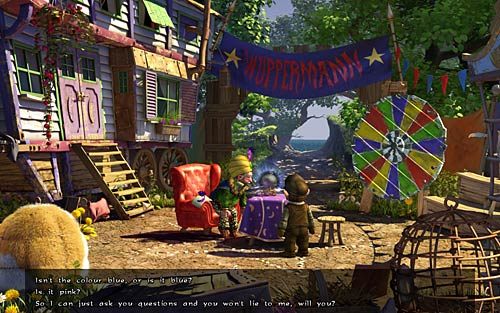 Kiedy showman usadowi się znowu w fotelu poproś go o przepowiedzenie przyszłości (Could you just predict the future for me again - Wilbur zostaje magiem (2) - Jak dorobić sie fortuny - Rozdział 2 - In the Town - The Book of Unwritten Tales - poradnik do gry