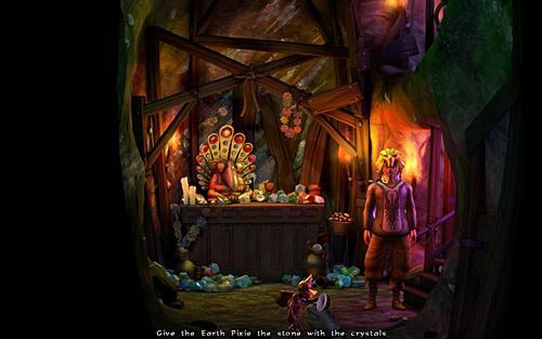 Podejdź do ołtarza i daj stworkowi czyszczącemu smoczą czaszkę kamień z kryształami (Give the Earth Pixie the stone with the crystals) - Nate zostaje wojownikiem - Miecz - Rozdział 4 - The Wild Lands - The Book of Unwritten Tales - poradnik do gry