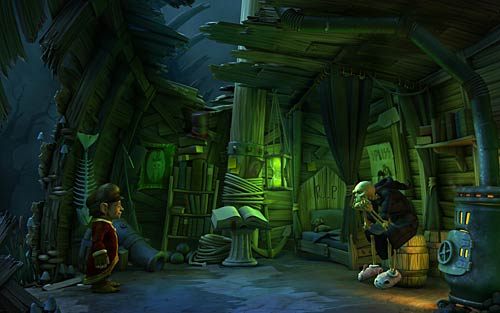 Popatrz na rosnące przy wejściu grzyby (Examine the blue-ish shimmering mushrooms) i zerwij je (Take the ghost mushrooms) - Wilbur zostaje magiem (3) - Przyrządzanie eliksiru - Rozdział 2 - In the Town - The Book of Unwritten Tales - poradnik do gry