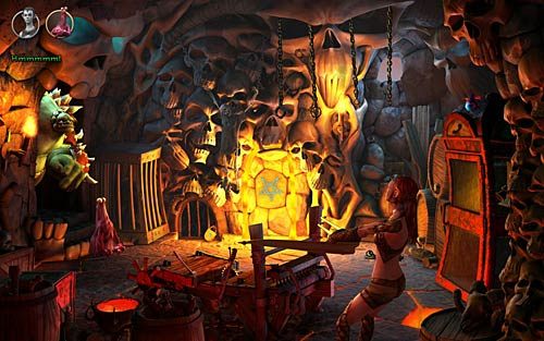 Przełącz się na Ivo i umieść obrazek w okienku podglądu w drzwiach lochu (Jam the picture into the viewing window), do łoża tortur przymocuj gumowego kurczaka (Fasten the rubber chicken to the torture device) - Jak uwolnić się z lochów? - Rozdział 4 - The Wild Lands - The Book of Unwritten Tales - poradnik do gry