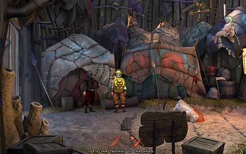 Wejdź do wielkiego namiotu i spójrz dwukrotnie na szkielet tuż przy wejściu - Próba celności - Rozdział 4 - The Wild Lands - The Book of Unwritten Tales - poradnik do gry