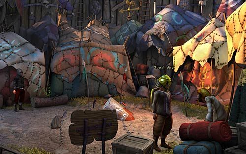 Zagadaj do kupca (I need copper pots) i wróć do zamaskowanego typa - Próba celności - Rozdział 4 - The Wild Lands - The Book of Unwritten Tales - poradnik do gry