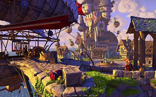 Tuż po przejściu przez bramę przyjrzyj się drewnianej nadbudówce (Look at the pillar) - Werbowanie załogi na wyprawę - Ivo - Rozdział 2 - In the Town - The Book of Unwritten Tales - poradnik do gry