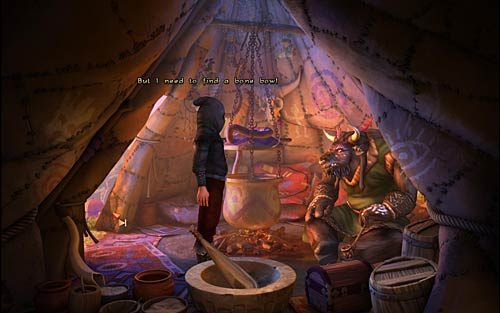 Wróć do wielkiego namiotu w obozie orków i połóż deseczkę na poduszce (Put the board onto the cushion) - Rozdział 5 - The Wild Lands once again - The Book of Unwritten Tales - poradnik do gry