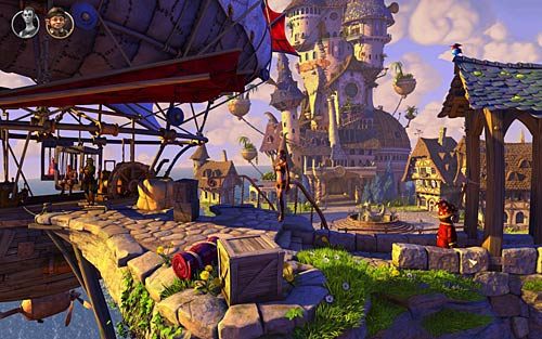 Wyjdź z komnaty arcymaga na główny plac - Werbowanie załogi na wyprawę - Nate i Critter - Rozdział 2 - In the Town - The Book of Unwritten Tales - poradnik do gry