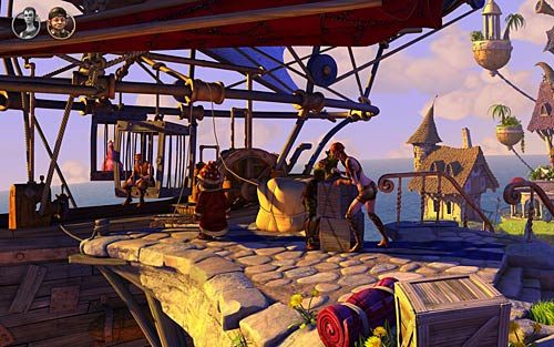 Podczas gdy panię siłują się na rękę, jako Wilbur zarzuć linę na rury wystające ze statku ponad pojedynkującymi się (Throw the rope over the beam) - Werbowanie załogi na wyprawę - Nate i Critter - Rozdział 2 - In the Town - The Book of Unwritten Tales - poradnik do gry