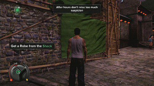 Po podjechaniu do budynku wdrap się na zaznaczone na zielono ogrodzenie i zagadując kolejnych mnichów (trójkąt) odszukaj piękny kwiat - Bride To Be | Opis przejścia Sleeping Dogs - Sleeping Dogs - poradnik do gry